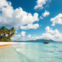 A serene tropical island landscape featuring fluffy white clouds scattered across a bright blue sky, with lush green palm trees lining the sandy shores and gentle waves lapping at the beach