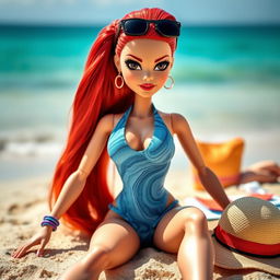 A Bratz doll with long red hair styled up, featuring striking black eyes and sunglasses resting on her head