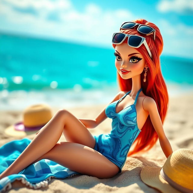 A Bratz doll with long red hair styled up, featuring striking black eyes and sunglasses resting on her head