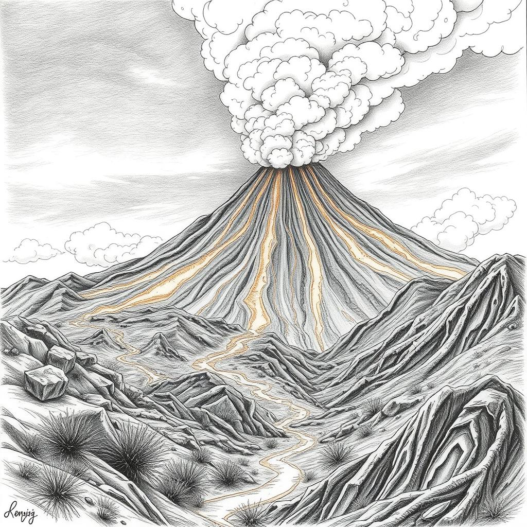 A dramatic volcanic eruption depicted as a nature-themed pencil drawing focusing on outlines only