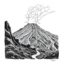 A dramatic volcanic eruption depicted as a nature-themed pencil drawing focusing on outlines only