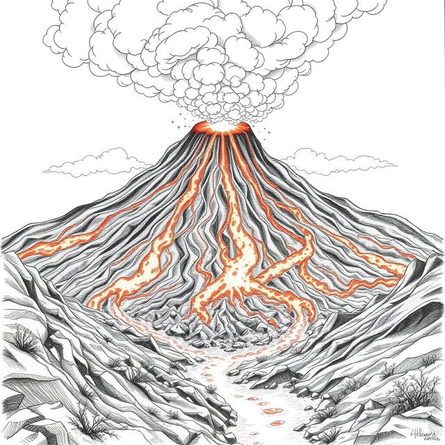 A dramatic volcanic eruption depicted as a nature-themed pencil drawing focusing on outlines only