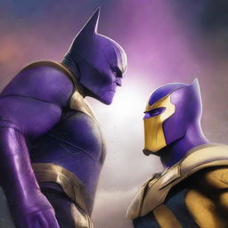 A dynamic, high-quality digital art poster featuring a woodpecker and Thanos in an epic face-off