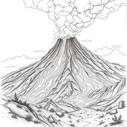 A dramatic volcanic eruption depicted as a nature-themed pencil drawing focusing on outlines only