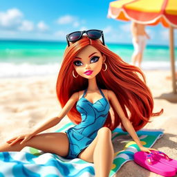 A Bratz doll with long red hair styled up, featuring dazzling black eyes and sunglasses perched on her head