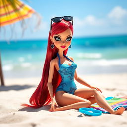 A Bratz doll with long red hair styled up, featuring dazzling black eyes and sunglasses perched on her head