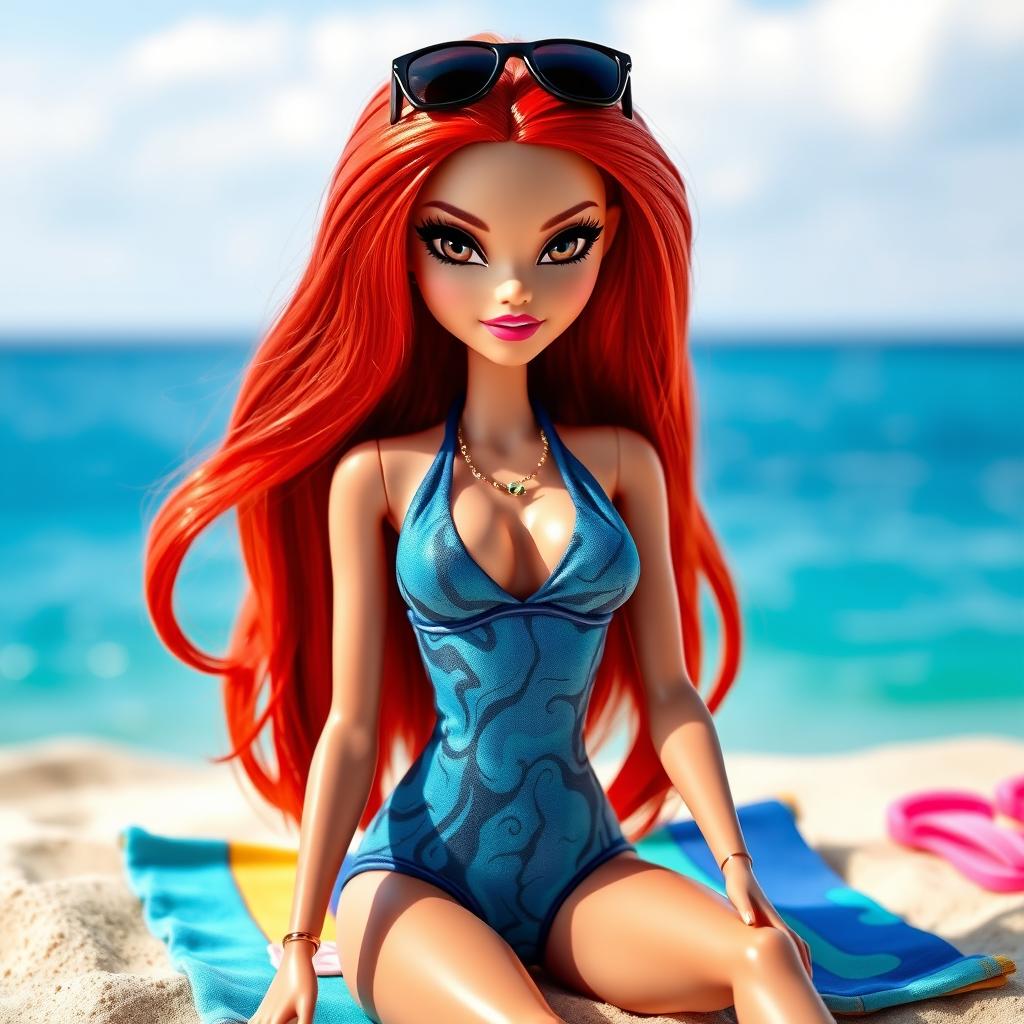 A Bratz doll with long red hair styled up, featuring dazzling black eyes and sunglasses perched on her head