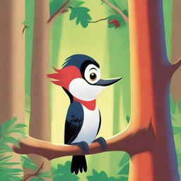 A delightful, high-quality Pixar movie poster featuring a charming woodpecker as the main character