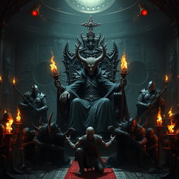 In a dark, gothic throne room of the kingdom of hell, the imposing demon king sits on an elaborate black throne, emanating an aura of despair and hatred