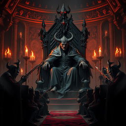 In a dark, gothic throne room of the kingdom of hell, the imposing demon king sits on an elaborate black throne, emanating an aura of despair and hatred