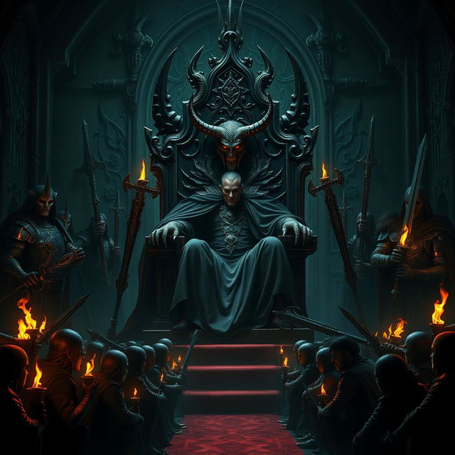 In a dark, gothic throne room of the kingdom of hell, the imposing demon king sits on an elaborate black throne, emanating an aura of despair and hatred