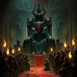 In a dark, gothic throne room of the kingdom of hell, the imposing demon king sits on an elaborate black throne, emanating an aura of despair and hatred