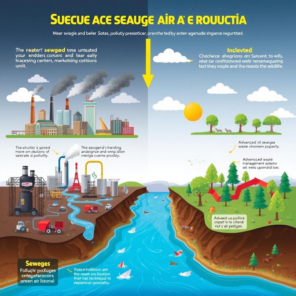 A detailed infographic illustrating the relationship between sewage disposal and air pollution