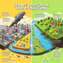 A detailed infographic illustrating the relationship between sewage disposal and air pollution