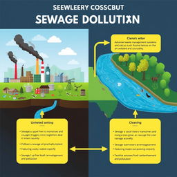 A detailed infographic illustrating the relationship between sewage disposal and air pollution
