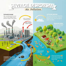 A detailed infographic illustrating the relationship between sewage disposal and air pollution