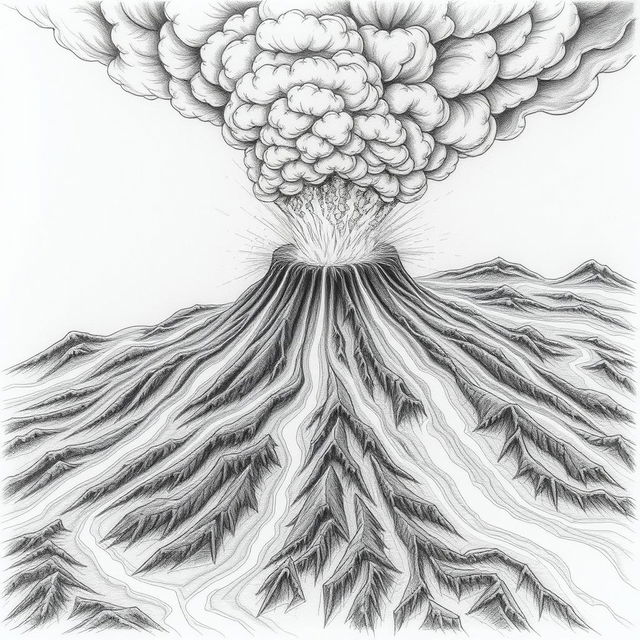 A dramatic pencil drawing capturing a volcanic eruption, depicting nature's fury with intricate outlines