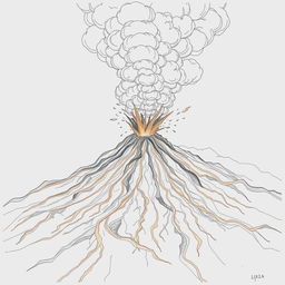 A dramatic pencil drawing capturing a volcanic eruption, depicting nature's fury with intricate outlines