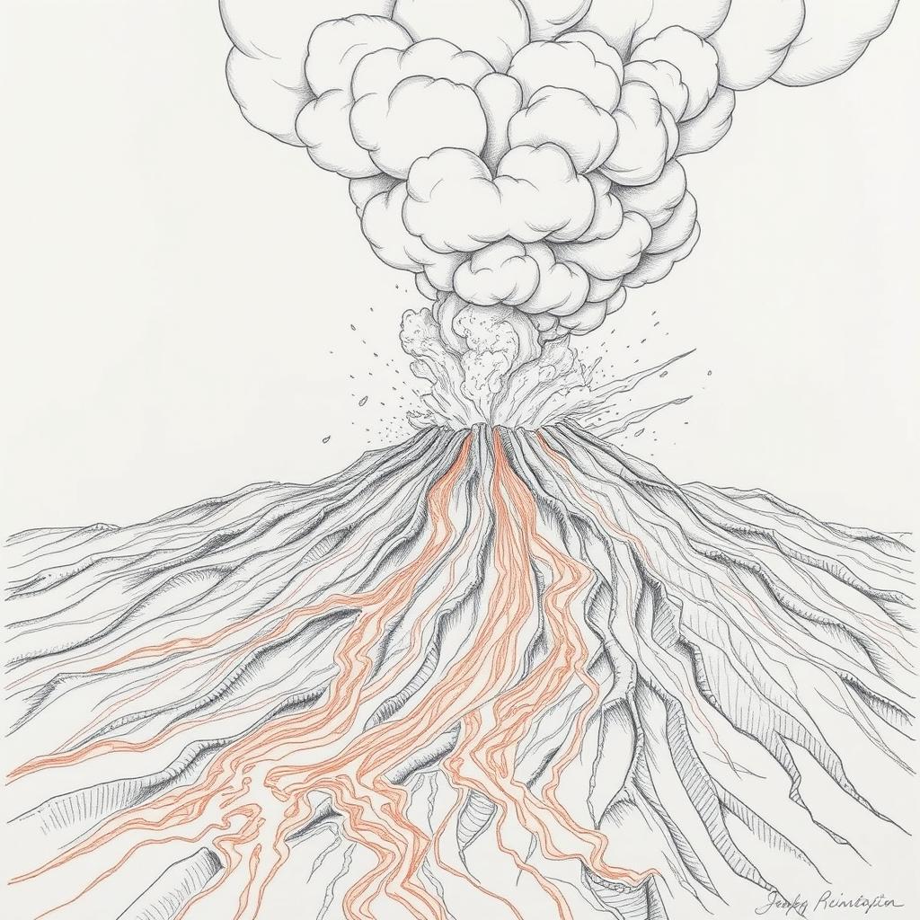 A dramatic pencil drawing capturing a volcanic eruption, depicting nature's fury with intricate outlines