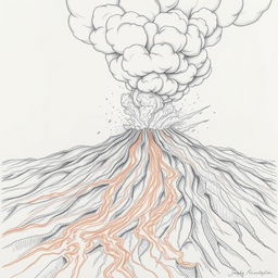 A dramatic pencil drawing capturing a volcanic eruption, depicting nature's fury with intricate outlines