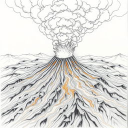 A dramatic pencil drawing capturing a volcanic eruption, depicting nature's fury with intricate outlines