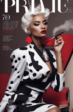 A high-fashion magazine cover featuring a tall, elegant half-Greek model with radiant brown skin, styled in the spirit of Cruella Deville