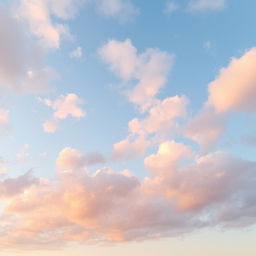 A serene sky filled with pastel-colored clouds, showcasing shades of soft pink, light lavender, gentle mint green, and baby blue