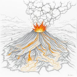 A dramatic pencil drawing capturing a volcanic eruption, showcasing nature's fury with intricate outlines