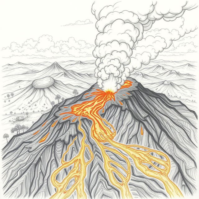 A dramatic pencil drawing capturing a volcanic eruption, showcasing nature's fury with intricate outlines