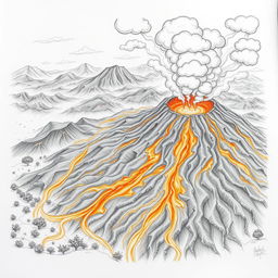 A dramatic pencil drawing capturing a volcanic eruption, showcasing nature's fury with intricate outlines