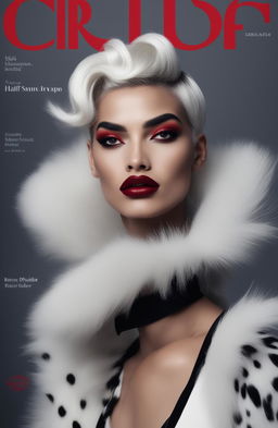 A high-fashion magazine cover featuring a tall, elegant half-Greek model with radiant brown skin, styled in the spirit of Cruella Deville