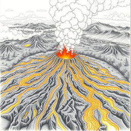 A dramatic pencil drawing capturing a volcanic eruption, showcasing nature's fury with intricate outlines