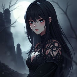 A mysterious, strikingly beautiful anime woman with full black hair cascading down her shoulders