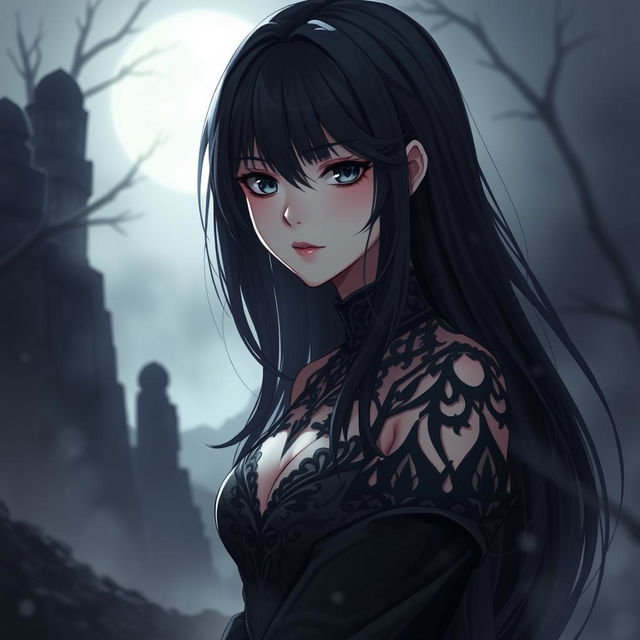 A mysterious, strikingly beautiful anime woman with full black hair cascading down her shoulders