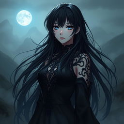 A mysterious, strikingly beautiful anime woman with full black hair cascading down her shoulders