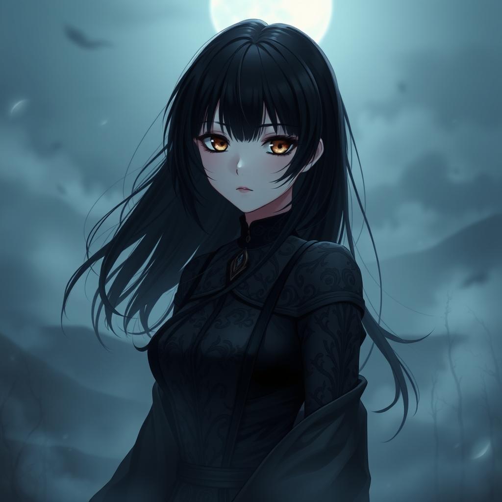 A mysterious, strikingly beautiful anime woman with full black hair cascading down her shoulders