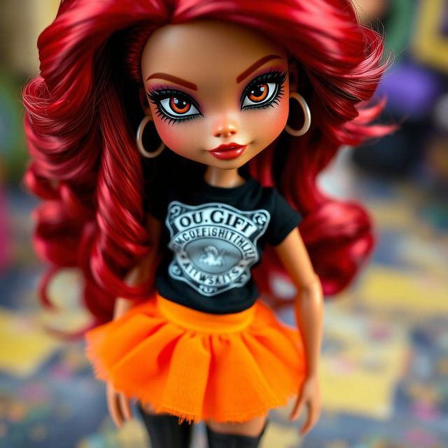 A bold Bratz doll with striking black eyes and wavy red hair cascading down her shoulders