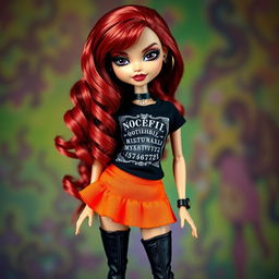 A bold Bratz doll with striking black eyes and wavy red hair cascading down her shoulders
