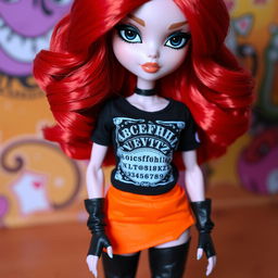A bold Bratz doll with striking black eyes and wavy red hair cascading down her shoulders