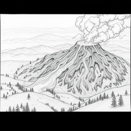 A dramatic pencil drawing depicting a volcanic eruption titled 'Nature's Fury Unleashed