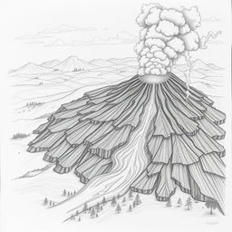 A dramatic pencil drawing depicting a volcanic eruption titled 'Nature's Fury Unleashed