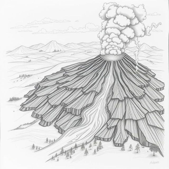 A dramatic pencil drawing depicting a volcanic eruption titled 'Nature's Fury Unleashed