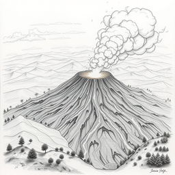 A dramatic pencil drawing depicting a volcanic eruption titled 'Nature's Fury Unleashed