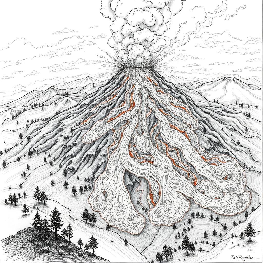 A dramatic pencil drawing depicting a volcanic eruption titled 'Nature's Fury Unleashed