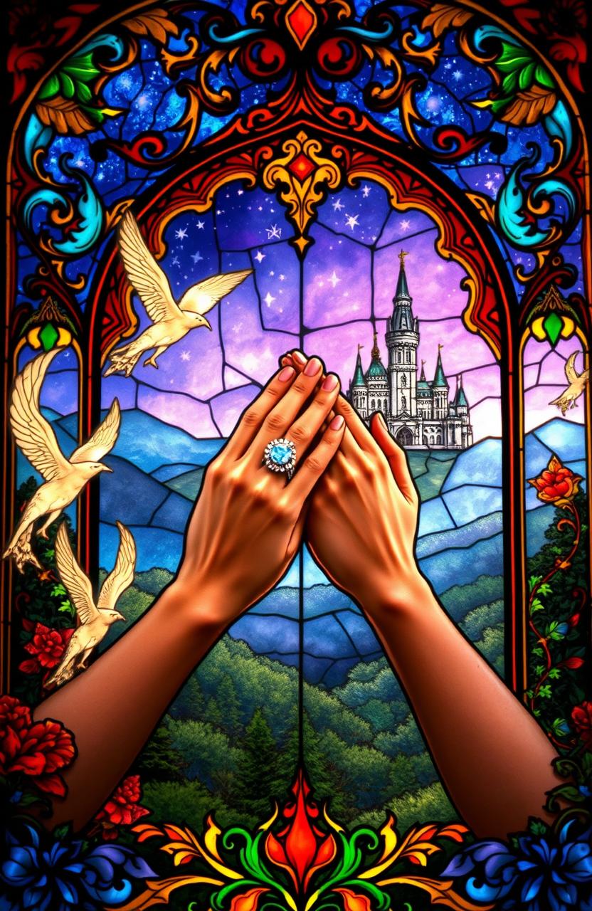 A breathtaking stained glass window depicting a magical fantasy scene, featuring intricate patterns and vibrant colors reminiscent of fairy tales