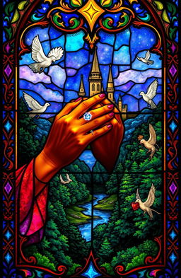 A breathtaking stained glass window depicting a magical fantasy scene, featuring intricate patterns and vibrant colors reminiscent of fairy tales
