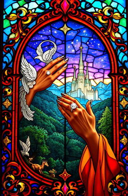 A breathtaking stained glass window depicting a magical fantasy scene, featuring intricate patterns and vibrant colors reminiscent of fairy tales
