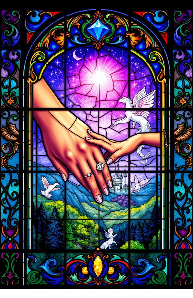 A breathtaking stained glass window depicting a magical fantasy scene, featuring intricate patterns and vibrant colors reminiscent of fairy tales