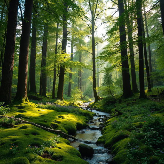 A serene forest scene featuring tall, lush green trees with sun rays filtering through the leaves, casting dappled light on the forest floor