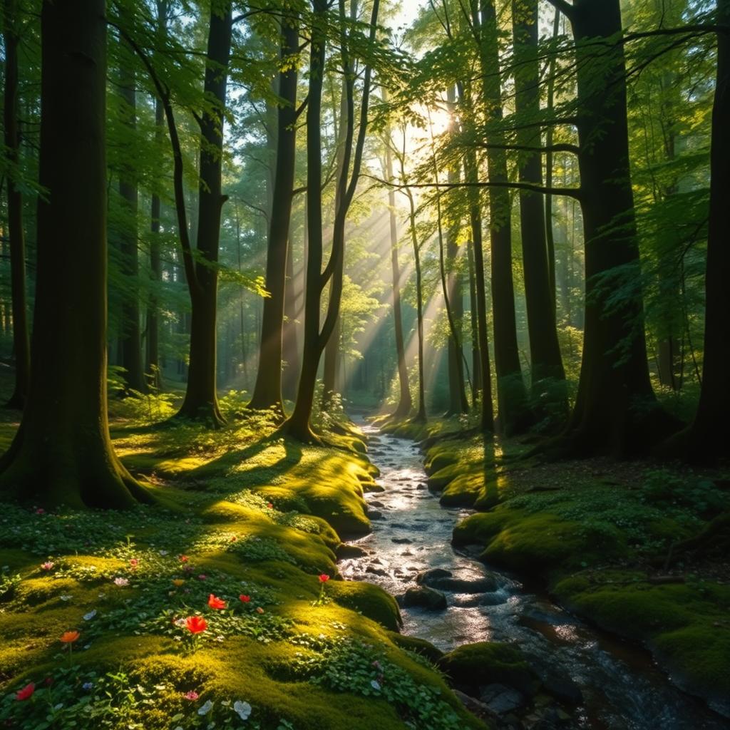 A serene forest scene featuring tall, lush green trees with sun rays filtering through the leaves, casting dappled light on the forest floor